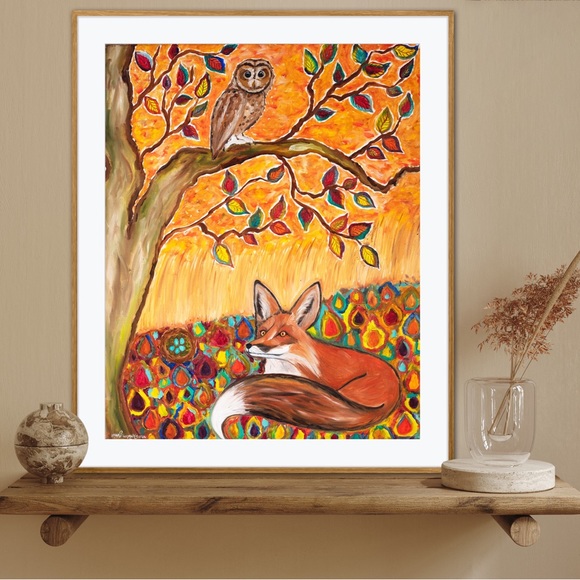 Fox Owl Autumn Ambience Art Print Oil Painting fall leaves tree animal whimsical - Picture 7 of 10